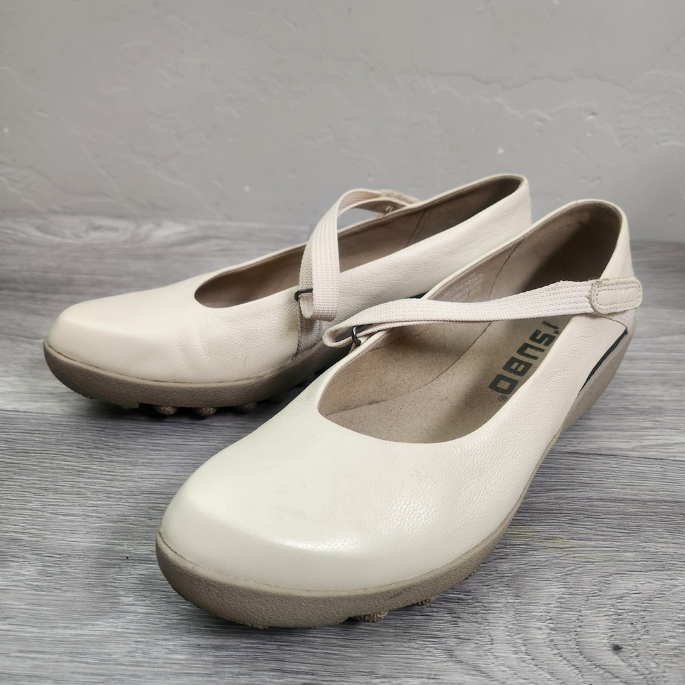 Tsubo Mary Jane Flats Cream Leather Cross Strap Comfort Shoes Size 7 Adjustable